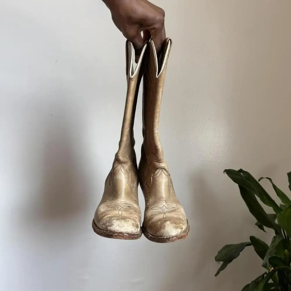 Vintage women’s 70s/80s ACME Tan distressed Leather Western‎ Boots size 6.5